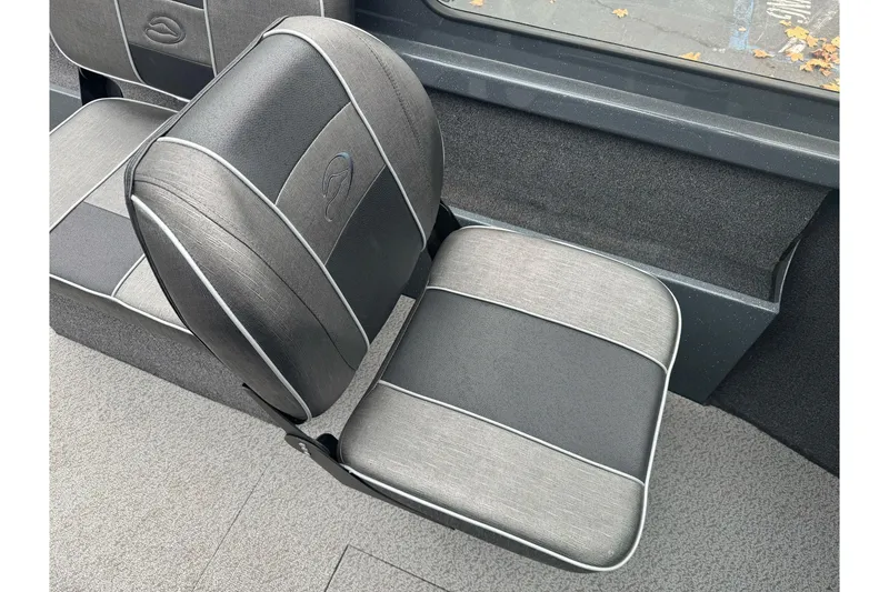 Slide: The Image of 2022 Duckworth 18 Advantage Sport boat interior with gray and black seating. - 16