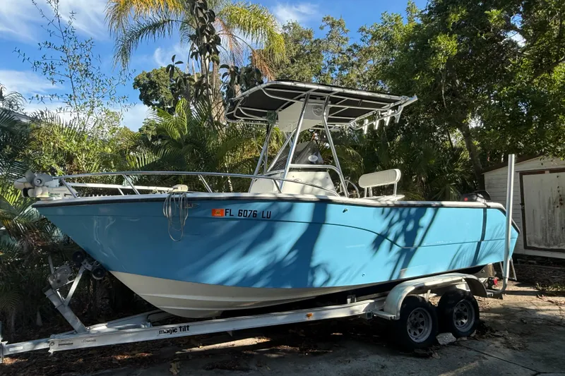 The Image of 2002 Fishmaster 212 Travis Edition boat on trailer, surrounded by lush greenery. - 0