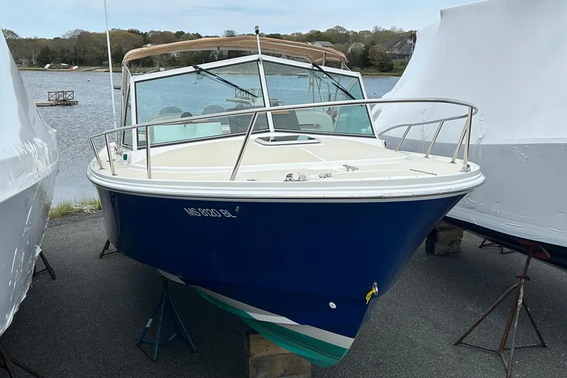 Slide: The Image of 2019 Limestone 26 boat with blue hull, docked near a serene waterfront. - 15