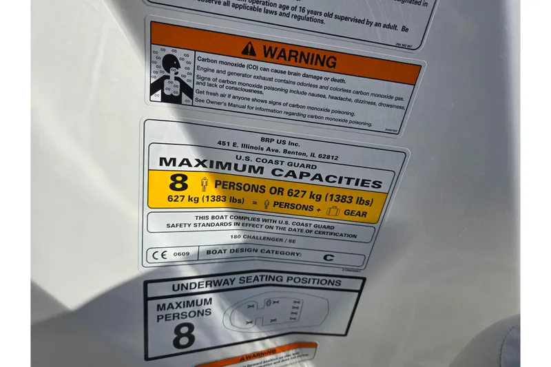 Slide: The Image of 2011 Sea-Doo 180 Challenger SE capacity label, max 8 persons or 627 kg (1383 lbs). - 16