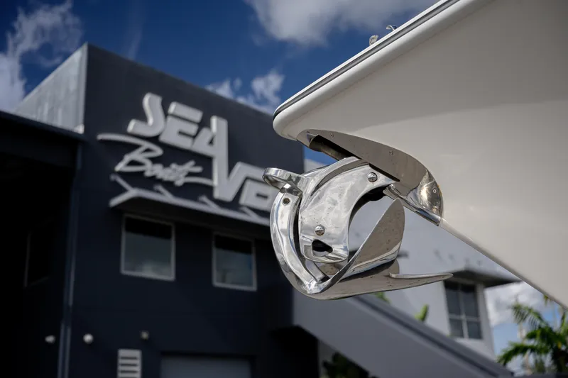 Slide: The Image of 2022 SeaVee 370Z boat anchor with SeaVee building in background. - 13