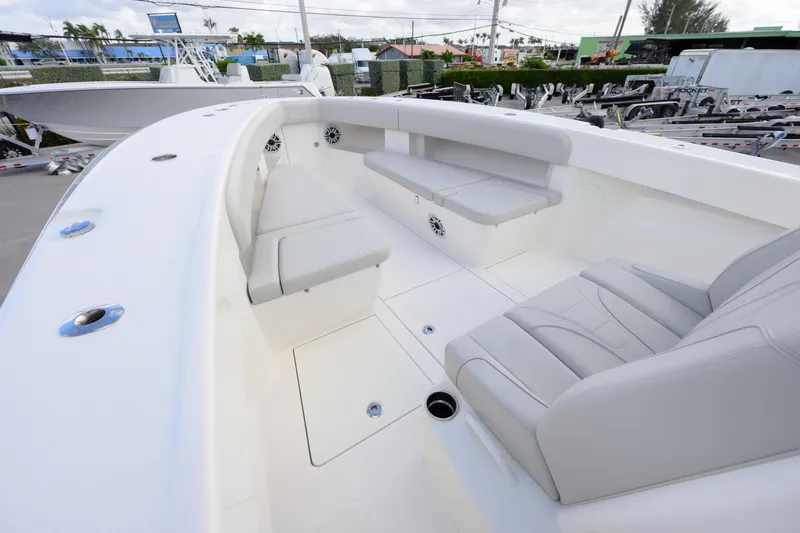Slide: The Image of 2022 SeaVee 370Z boat interior with spacious seating and modern design. - 16