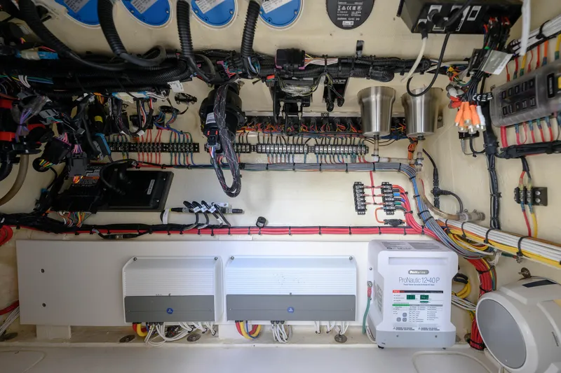 Slide: The Image of Electrical system of a 2022 SeaVee 370Z boat, showcasing wiring and components. - 17