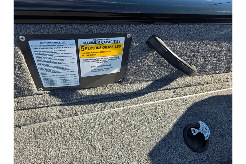 Slide: The Image of 2020 Tracker Pro Guide V-16 SC boat capacity label and boater's checklist. - 12