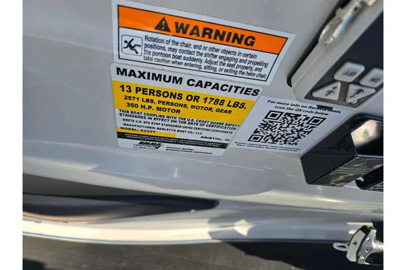 Slide: The Image of 2023 Barletta Corsa 23UC capacity label, warning, and QR code for boat information. - 15
