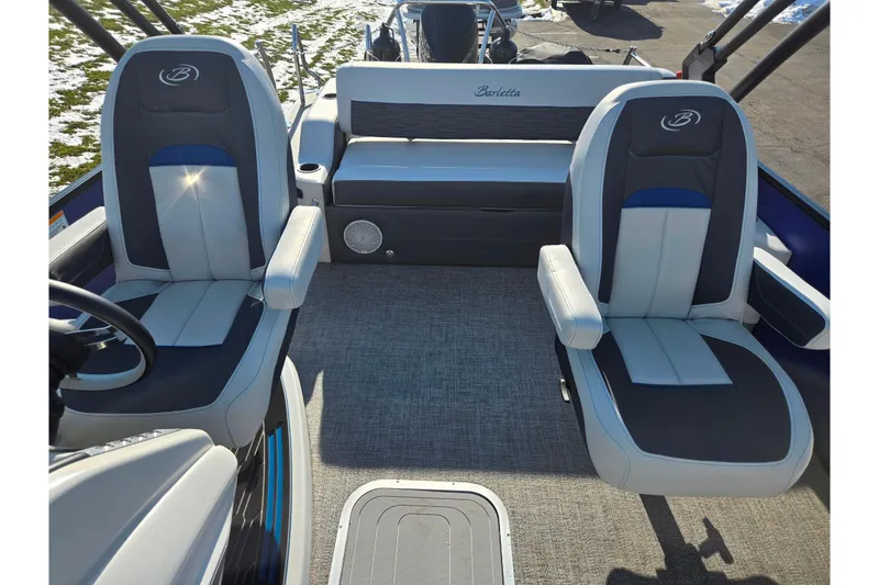 Slide: The Image of 2023 Barletta Corsa 23UC boat interior with two seats and a bench. - 25