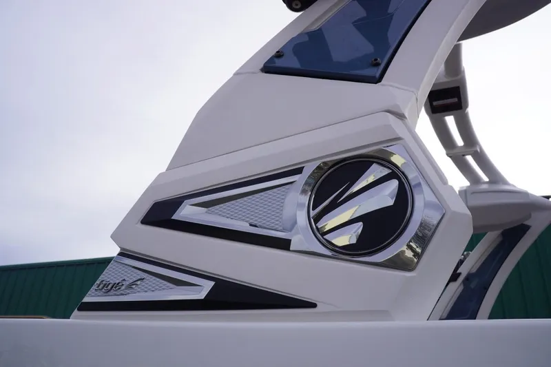 Slide: The Image of 2023 Tigé 24RZX boat tower detail with sleek design and logo. - 17