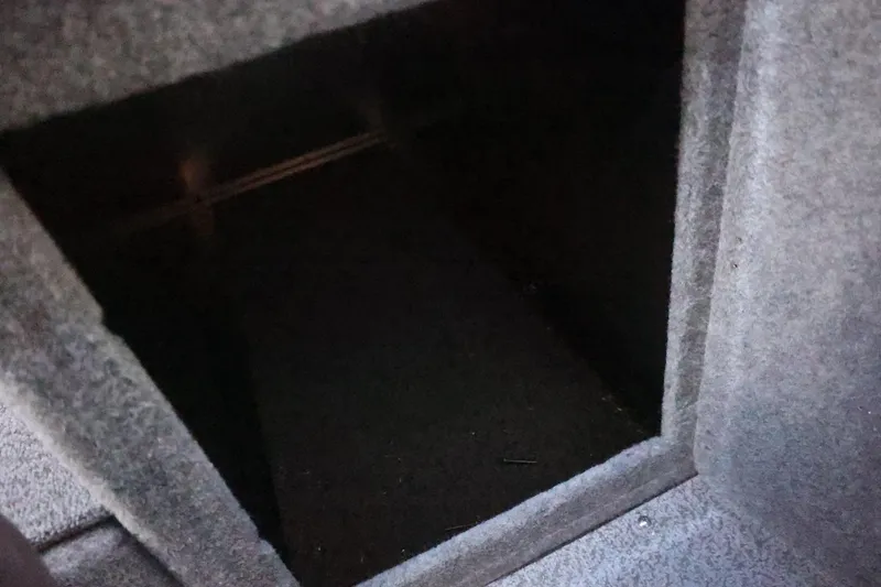 Slide: The Image of Interior compartment of 2026 Thunder Jet 28 Pilot boat, featuring a dark, carpeted storage area. - 49