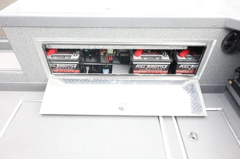 Slide: The Image of 2026 Thunder Jet 28 Pilot boat battery compartment with Full Throttle batteries. - 69