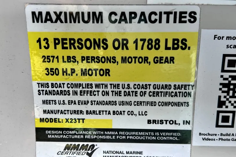 Slide: The Image of 2023 Barletta Corsa 23UC capacity label: 13 persons, 1788 lbs, 350 HP motor. - 43