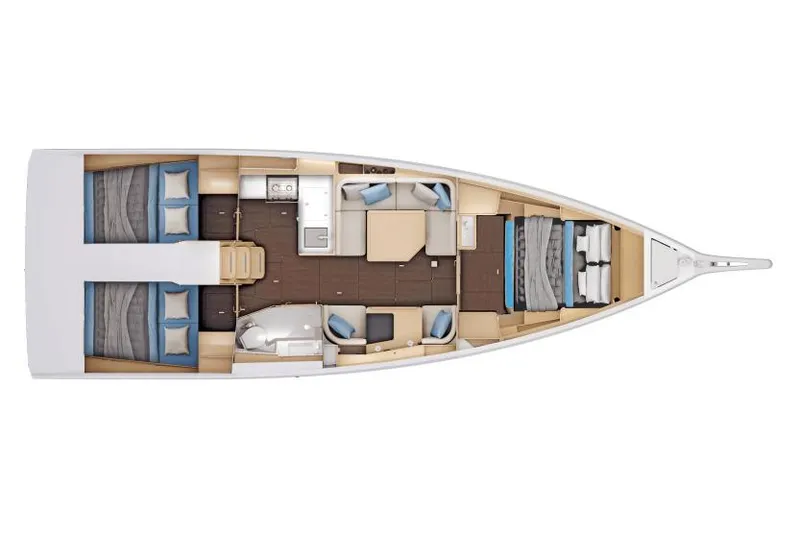 Slide: The Image of Manufacturer Provided Image: 2025 Jeanneau Sun Odyssey 415 interior layout with cabins, kitchen, and seating area. - 9