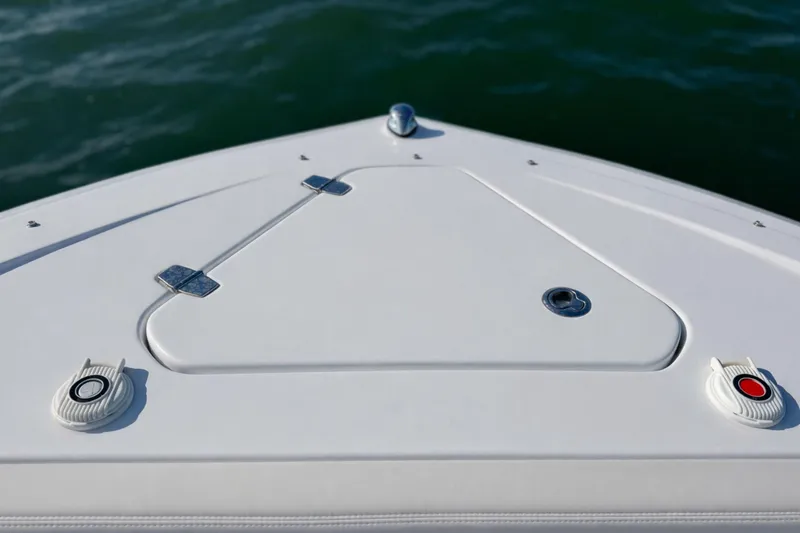 Slide: The Image of Bow of 2024 Cruisers Yachts 38 GLS OB, featuring sleek design and marine hardware. - 64