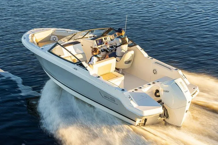 Slide: The Image of Boston Whaler 210 Vantage 2026 boat with Mercury 200 engine, rear view. - 3