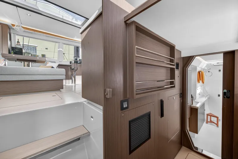 Slide: The Image of Modern interior of 2024 Leopard 45 yacht, featuring sleek wood finishes and spacious design. - 110