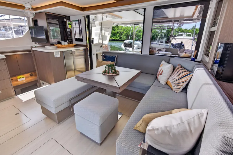 Slide: The Image of Luxurious interior of 2024 Leopard 45 yacht with modern seating and dining area. - 66