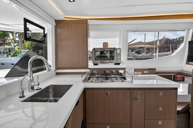 Slide: The Image of Modern kitchen interior on 2024 Leopard 45 yacht with sleek design and appliances. - 76
