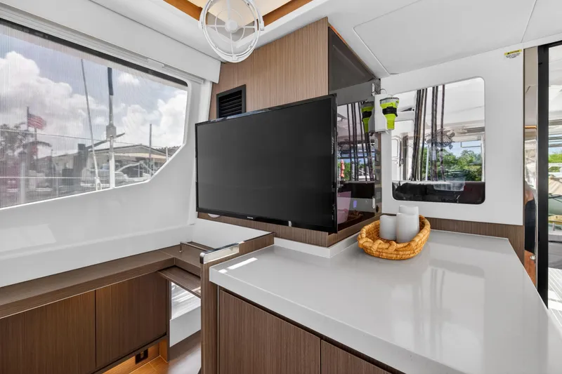Slide: The Image of Modern interior of 2024 Leopard 45 yacht with sleek design and mounted TV. - 80