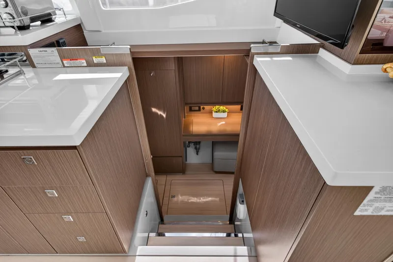 Slide: The Image of Modern interior of 2024 Leopard 45 yacht with sleek wood cabinetry and elegant design. - 81