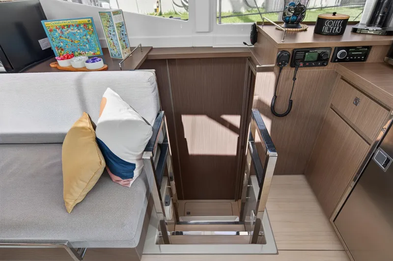 Slide: The Image of Interior of 2024 Leopard 45 yacht with modern seating, navigation equipment, and stylish decor. - 82