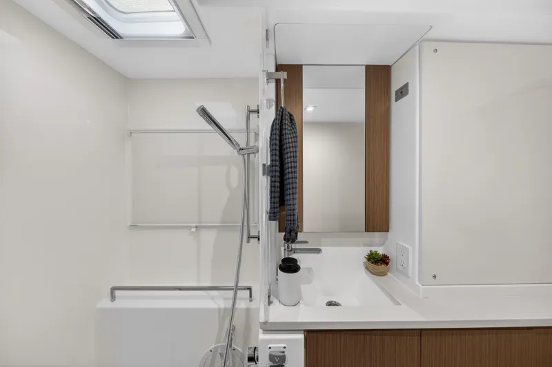 Slide: The Image of Modern bathroom interior on 2024 Leopard 45 yacht, featuring sleek design and elegant fixtures. - 96