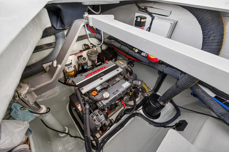 Slide: The Image of Engine room of 2024 Leopard 45 yacht featuring Yanmar engine and mechanical components. - 99