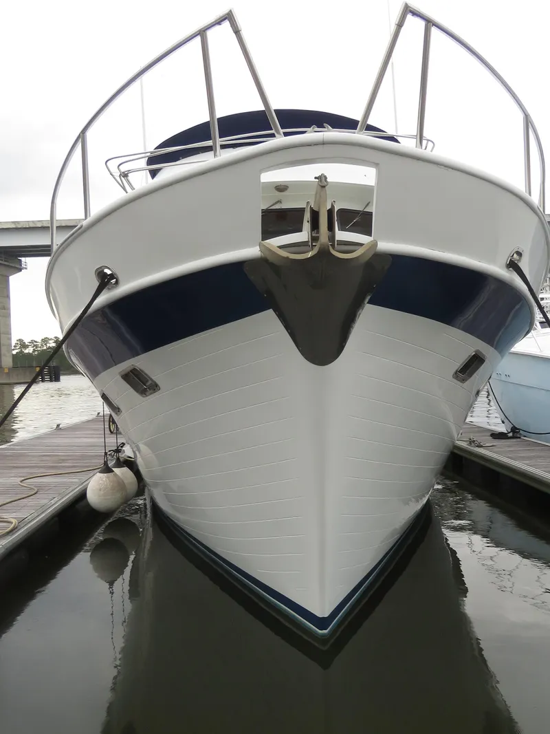Slide: The Image of DeFever 49 Pilothouse 1987 at dock, front view. - 5