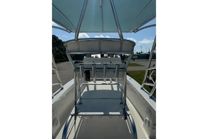 Slide: The Image of 2016 Rambo 27 boat interior with metal framework and canopy. - 28