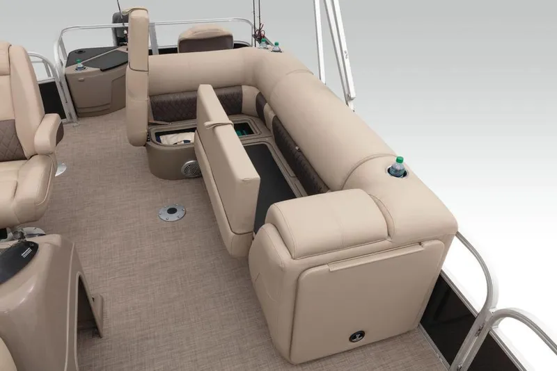 Slide: The Image of Interior of 2019 Sun Tracker Fishin' Barge 20 DLX with beige seating. - 11