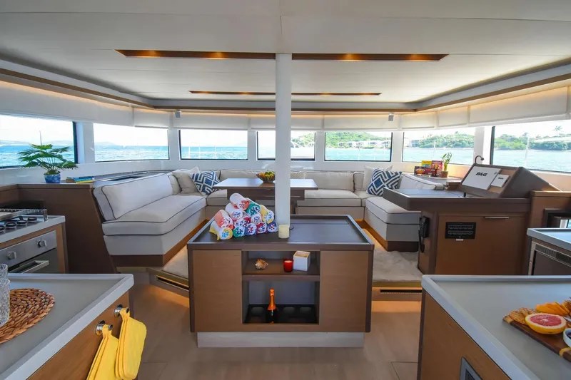 Slide: The Image of Luxurious interior of 2021 Lagoon 50 yacht with modern furnishings and panoramic windows. - 43