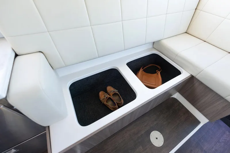 Slide: The Image of Luxurious interior of 2022 Regal 38 Grande Coupe yacht with modern furnishings. - 14