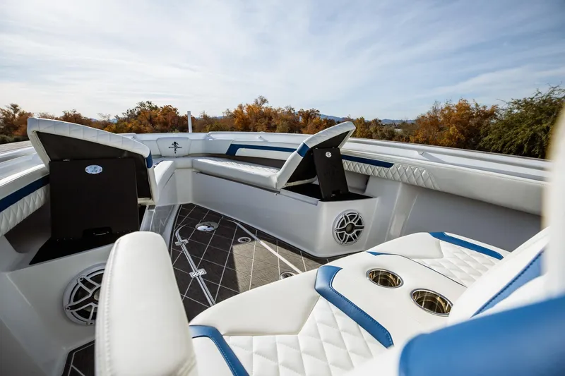 Slide: The Image of 2026 Statement 350 Open boat interior with luxurious seating and modern design. - 27