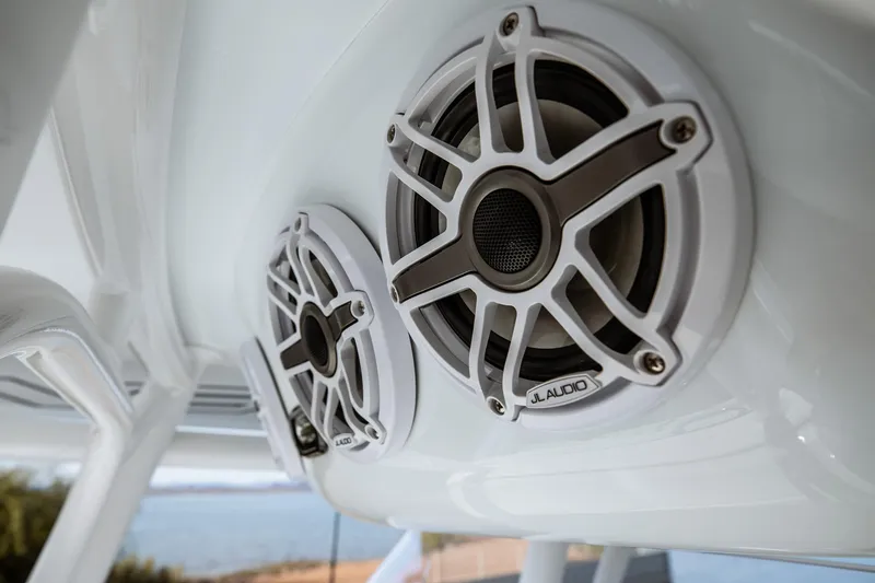Slide: The Image of JL Audio speakers on 2026 Statement 350 Open boat, showcasing premium sound system. - 30