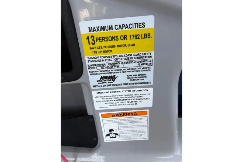 Slide: The Image of 2025 Harris Cruiser 230 capacity label, maximum 13 persons or 1762 lbs, safety compliance details. - 9