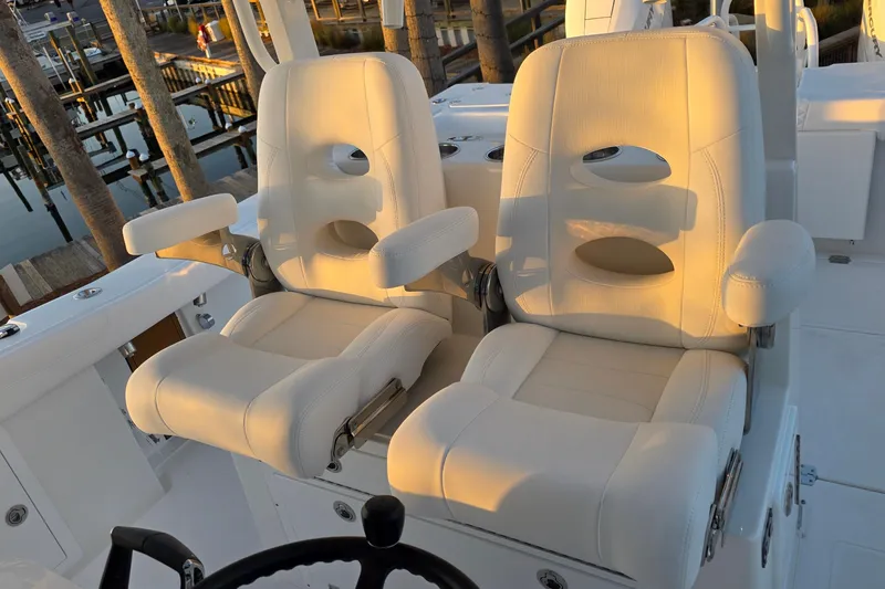 Slide: The Image of 2026 Caymas 34 CT boat interior detail with speaker and metal pipe. - 27