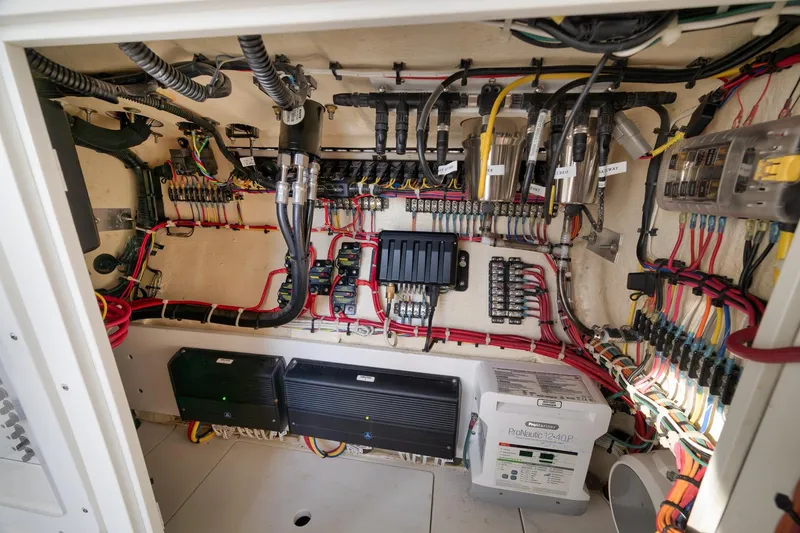 Slide: The Image of Electrical system of 2023 SeaVee 322Z boat, showcasing wiring and components. - 24
