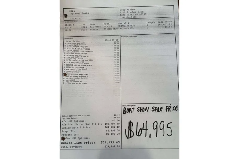 Slide: The Image of 2024 Key West 203 FS boat price sheet with sale price of $64,995. - 10