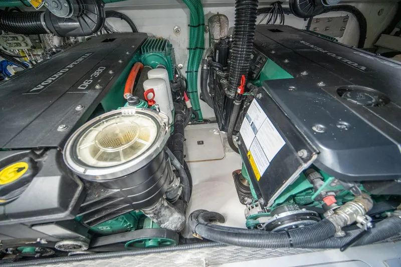 Slide: The Image of Engine compartment of a 2021 Princess V40 yacht, featuring Volvo Penta D6-380 engines. - 41