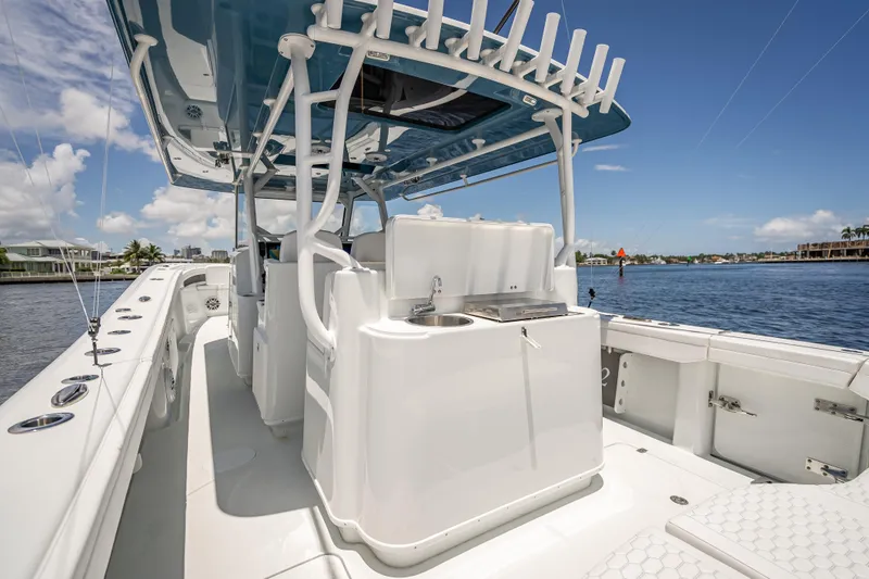 Slide: The Image of 2025 Yellowfin 42 Offshore boat with sleek design, spacious deck, and modern amenities. - 54