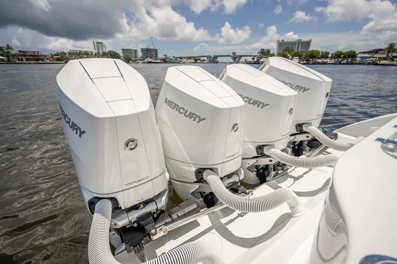 Slide: The Image of Four Mercury Verado outboard engines on a 2025 Yellowfin 42 Offshore boat. - 57