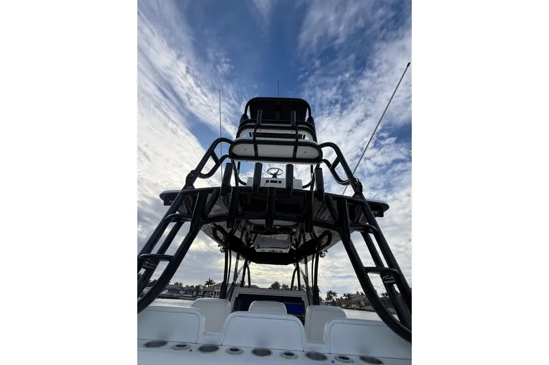 Slide: The Image of 2020 SeaHunter 41 CTS boat deck with sleek design and waterfront view. - 32