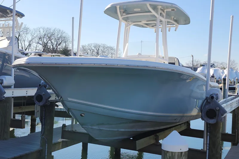 The Image of 2022 Tidewater 220 LXF boat on lift at marina, clear sky background. - 0