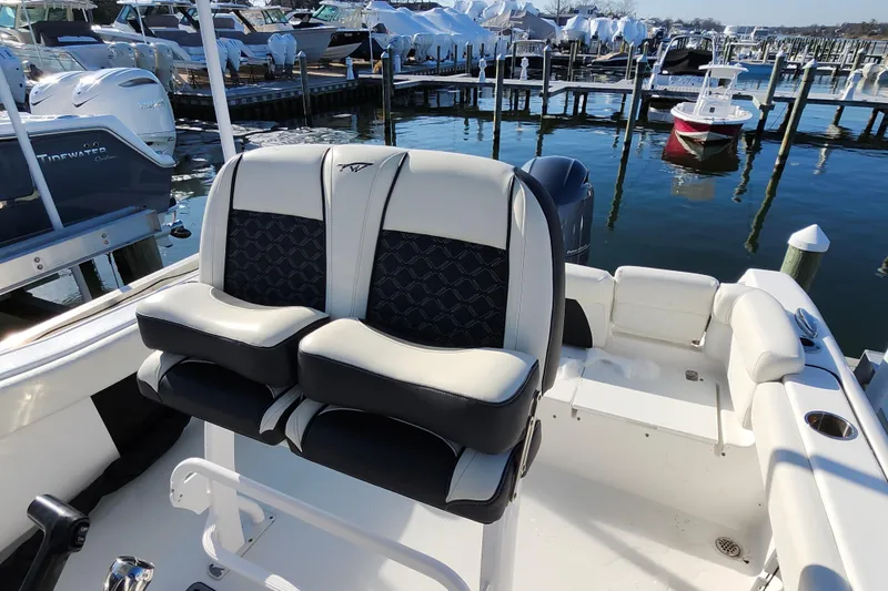 Slide: The Image of 2022 Tidewater 220 LXF boat interior with dual seats at marina. - 7