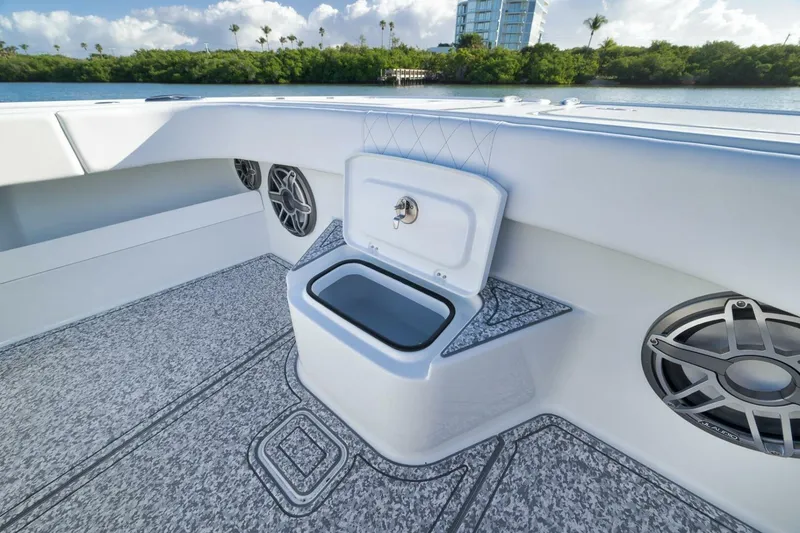 Slide: The Image of Freeman 43 boat interior with storage compartment and speakers, 2023 model. - 19