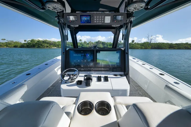 Slide: The Image of Interior view of 2023 Freeman 43 boat cockpit with advanced navigation system. - 30