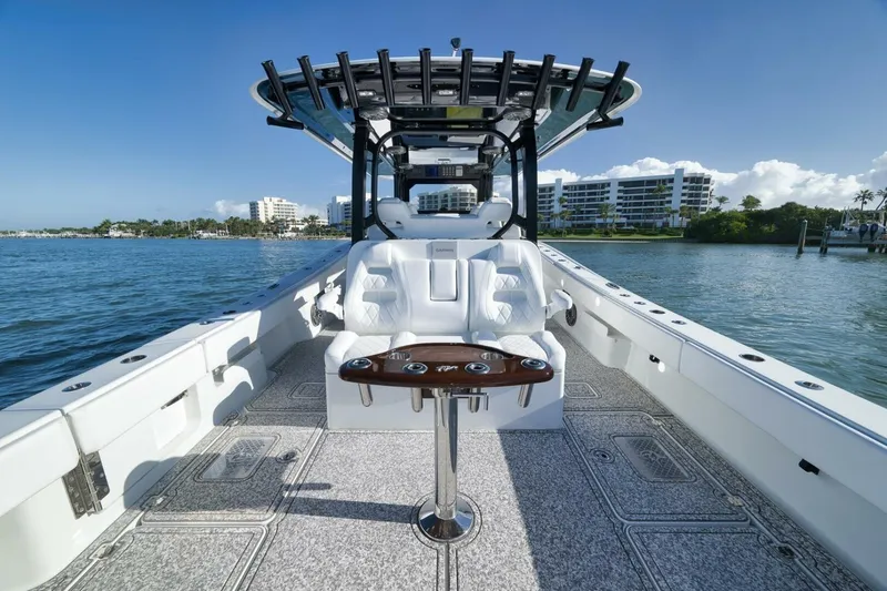 Slide: The Image of 2023 Freeman 43 boat with luxurious seating and scenic waterfront view. - 36