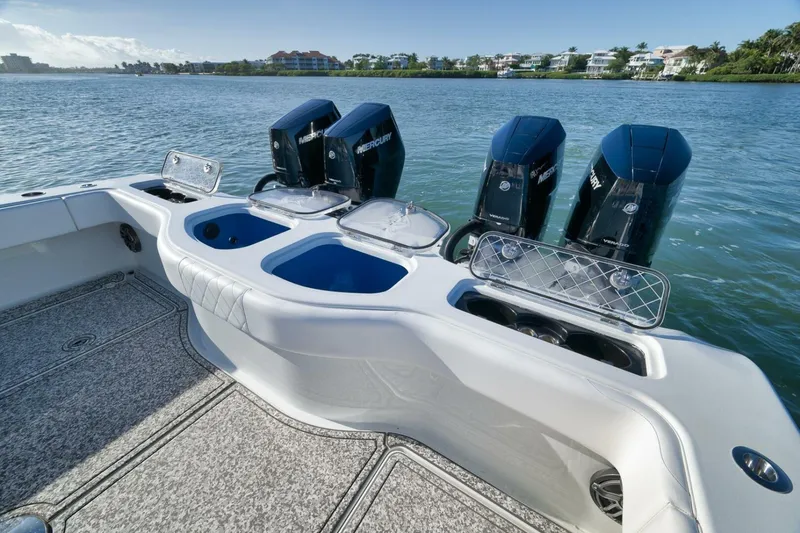 Slide: The Image of Freeman 43 boat with Mercury engines, 2023 model, on a scenic waterway. - 38