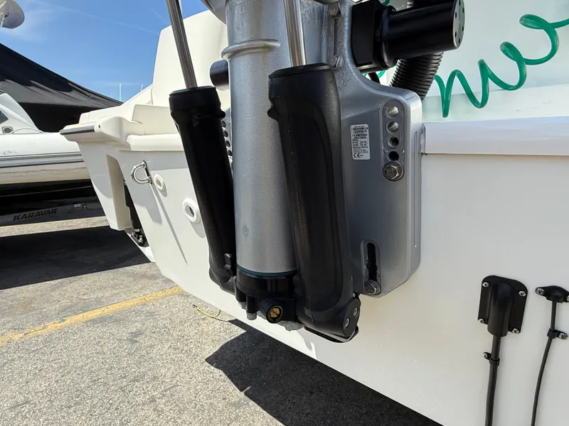 Slide: The Image of Close-up of a 2019 Boston Whaler 230 Outrage boat motor mount. - 11
