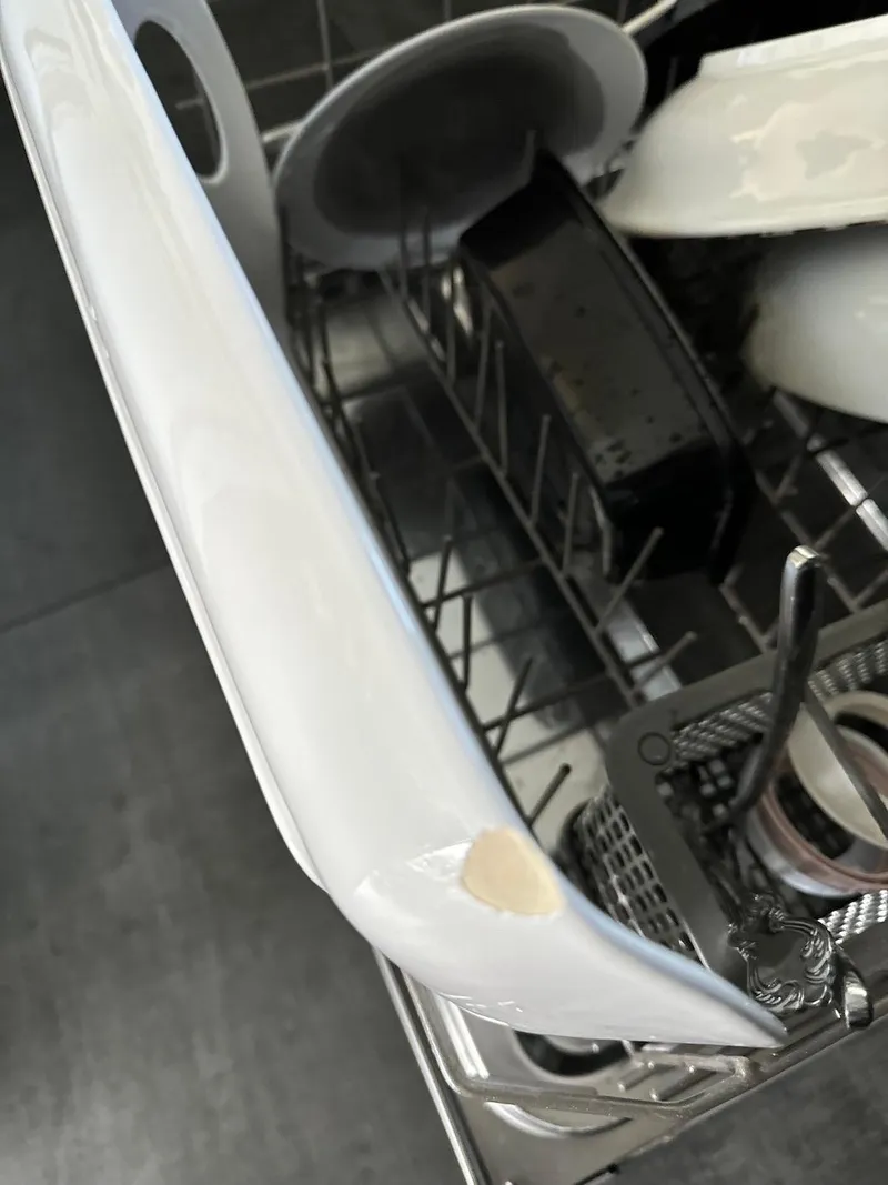 Slide: The Image of Dishwasher with chipped white plate and assorted dishes inside. - 35