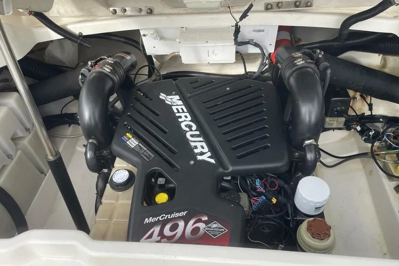 Slide: The Image of Engine compartment of a 2008 Sea Ray 270 SLX with MerCruiser 496 engine. - 26