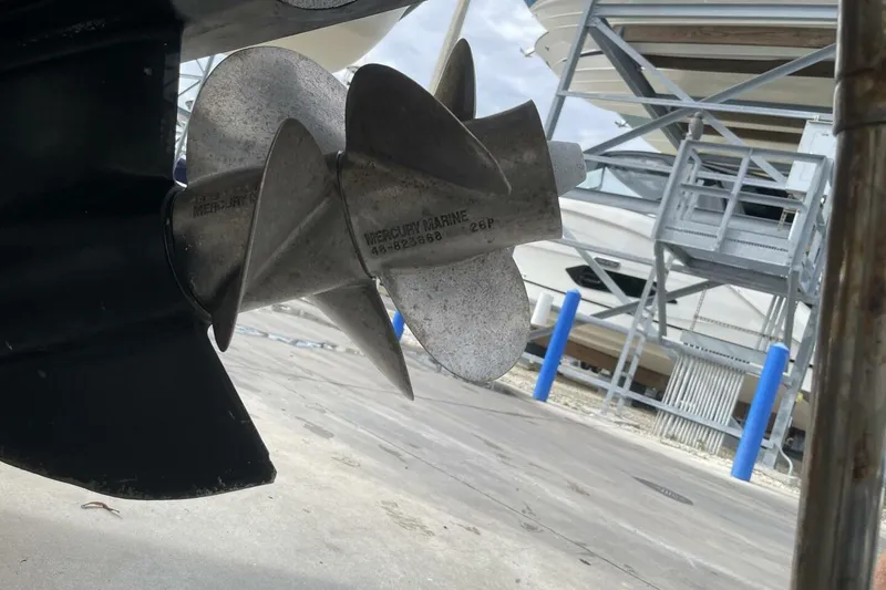 Slide: The Image of Close-up of a Mercury Marine propeller on a 2008 Sea Ray 270 SLX boat. - 34